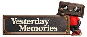 Yesterday Memories logo - Reely the VHS tape mascot leaning against a vintage sign