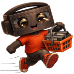 Reely the VHS-headed robot mascot running with a basket full of video tapes