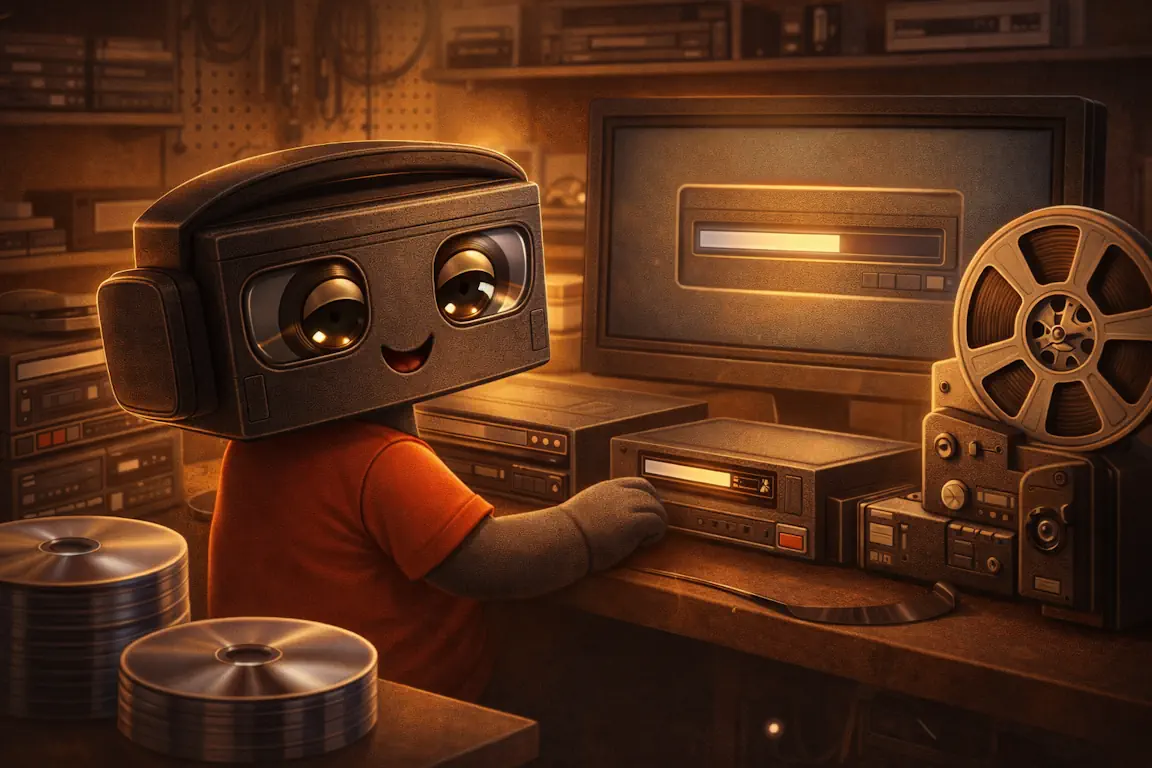 Reely, the Yesterday Memories mascot, digitising videotapes in his warm amber-lit workshop surrounded by VHS decks, reel-to-reel players, and stacked discs