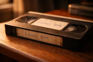 A VHS tape labelled Luisa's 50th resting on a wooden surface, warm amber lighting