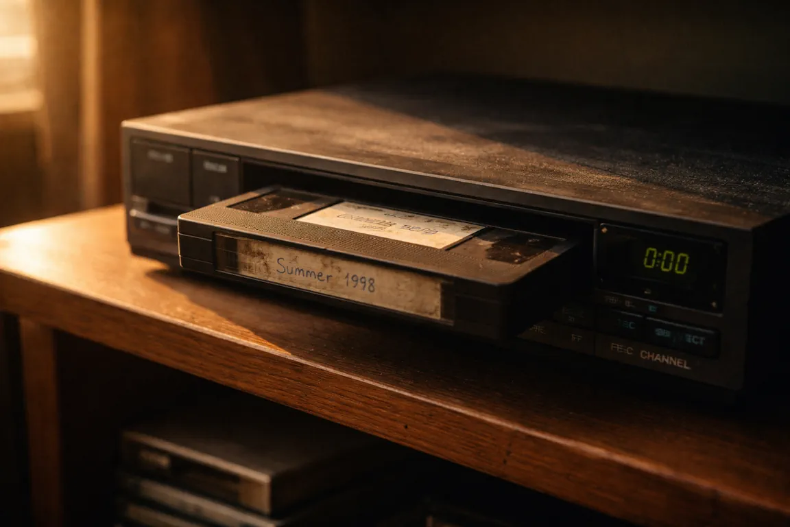 A dusty VHS tape labelled Summer 1998 half-inserted into a VCR, green 0:00 glowing on the display, warm amber light