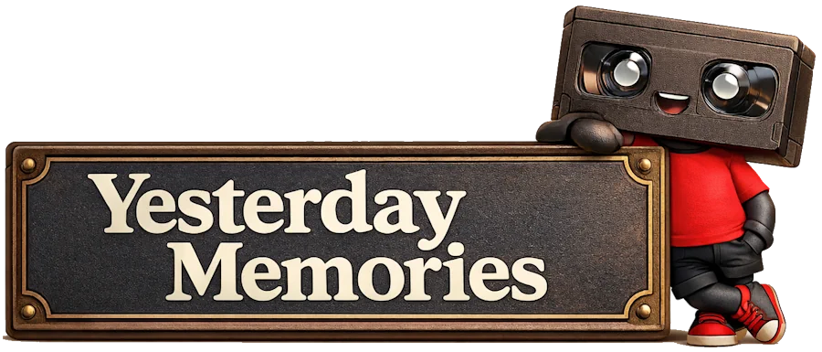Yesterday Memories logo - Reely the VHS tape mascot leaning against a vintage sign